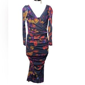 FUZZI Y2K sheer ruched floral midi dress medium luxury empire waist fairy dance